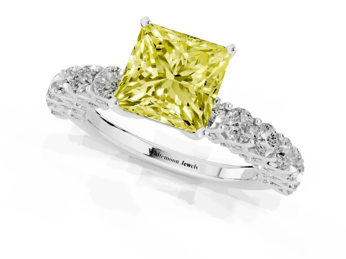 Fancy Yellow Princess Cut Diamond Solitaire Ring with Shared Prong Pavé Band and Four-Prong Setting White gold