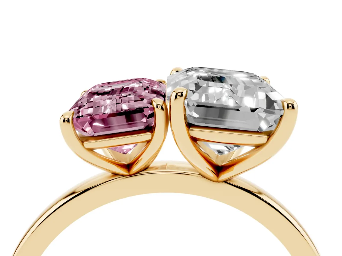 Fancy Pink Emerald Cut and Emerald Cut Toi Moi Ring with Prong Setting Yellow gold