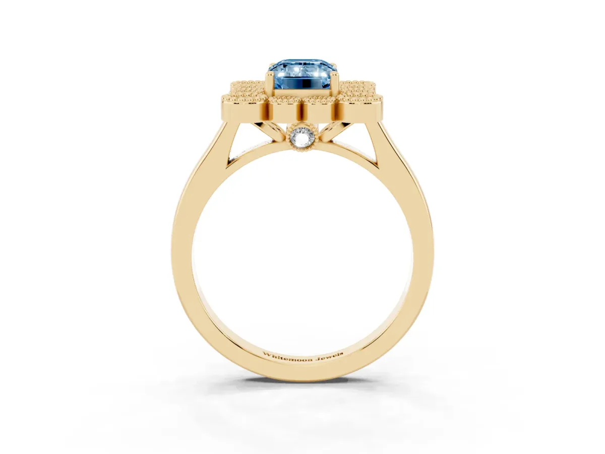 Fancy Blue Emerald Cut Halo Diamond Cluster Engagement Ring with Milgrain Bezel Setting and Solitaire Band Yellow gold