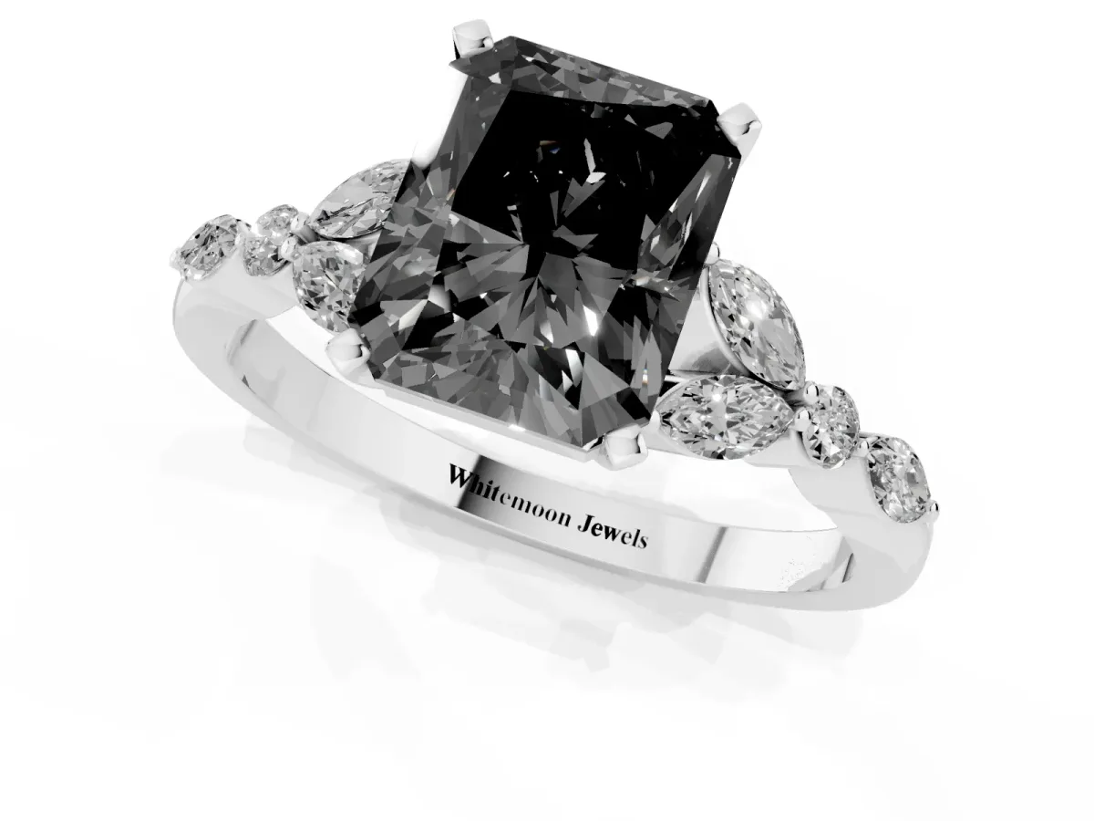 Fancy Black Radiant Cut Diamond Solitaire Ring with Side Stones and Four-Prong Setting Silver