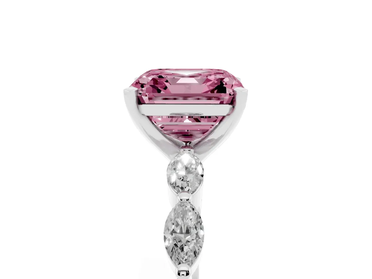 Fancy Pink Asscher Cut Diamond Ring with Marquise Side Stones and Prong Setting Platinum