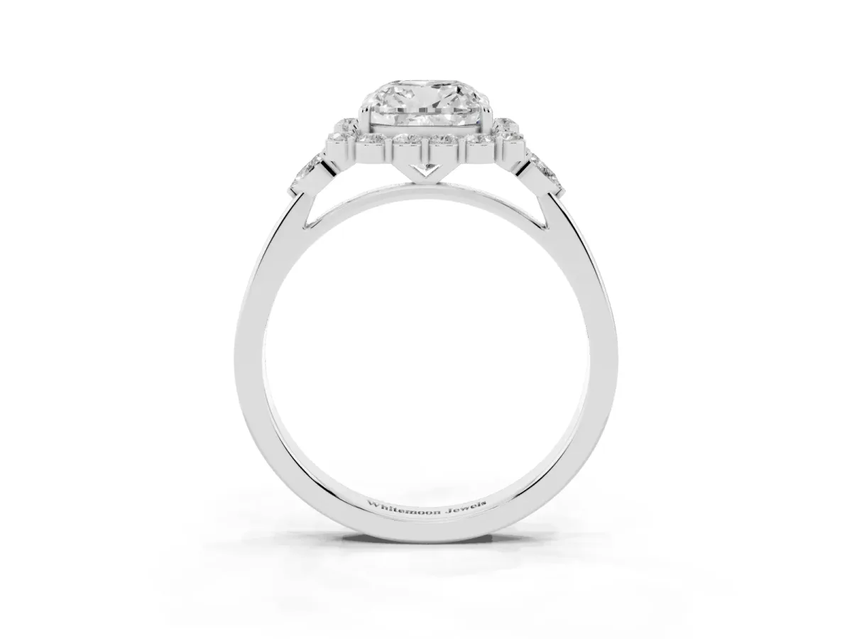 Cushion Cut Diamond Halo Ring with Pear Side Stones and Prong Setting Silver