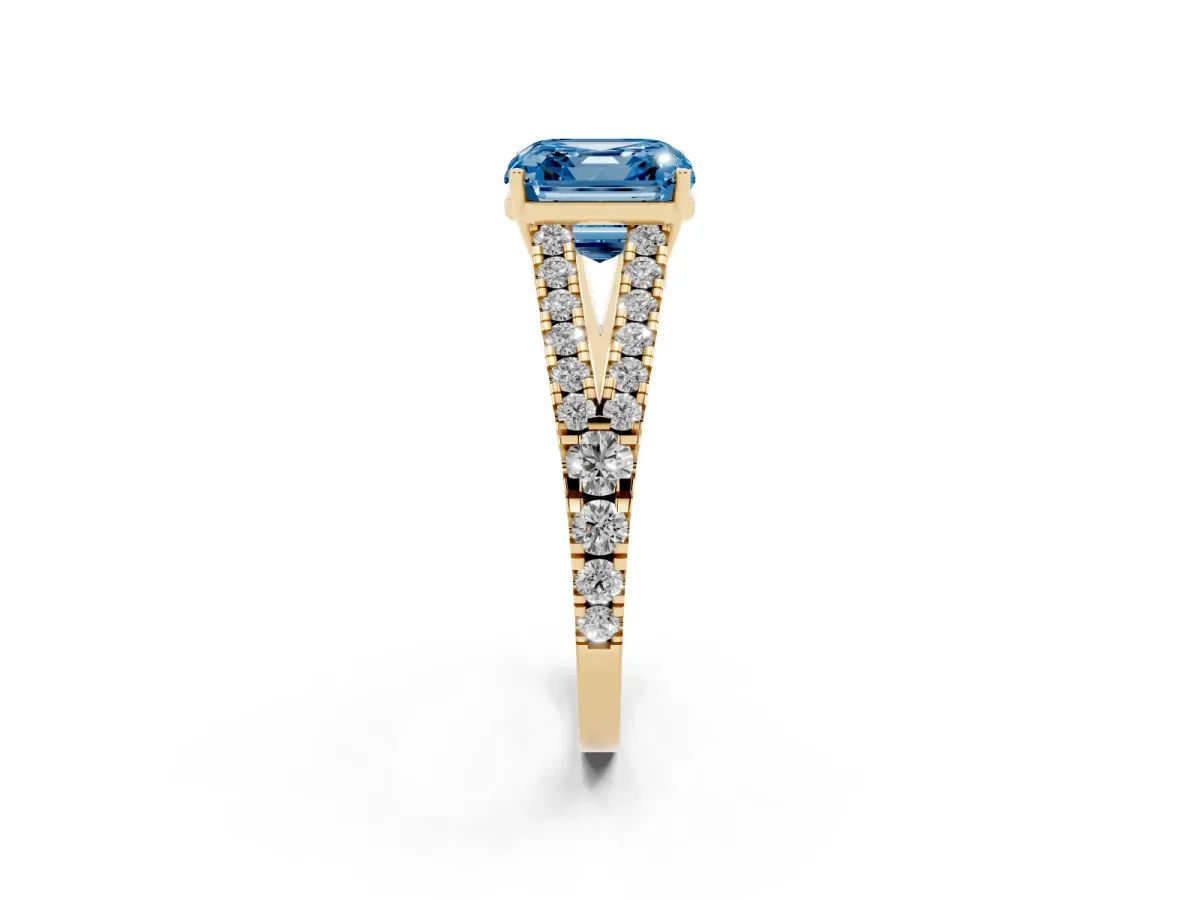 Fancy Blue Asscher Cut Diamond Split Shank Engagement Ring with Round Pavé and Prong Setting Yellow gold