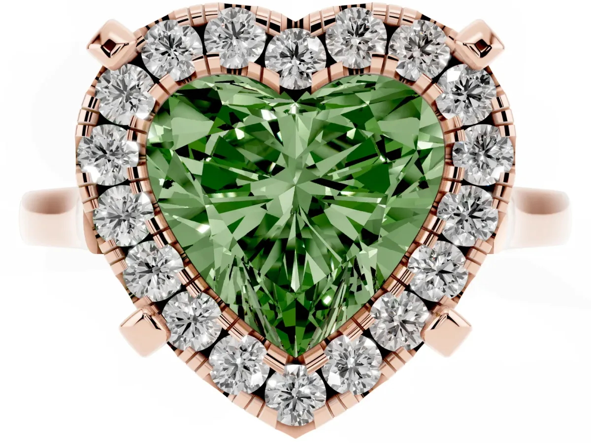Fancy Green Heart Cut Diamond Cluster Halo Solitaire with Four-Prong Setting Rose gold