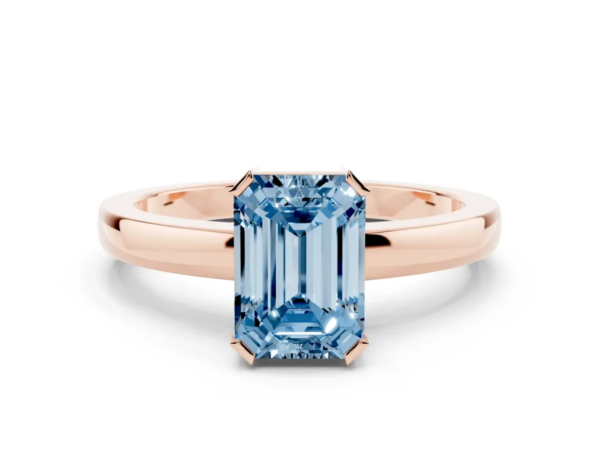 Fancy Blue Emerald Cut Cut Solitaire Ring with Four-Prong Setting and Classic Band Rose gold