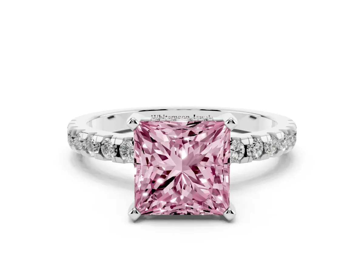 Fancy Pink Princess Cut Diamond Solitaire Ring with Round Pavé Band and Four-Prong Setting Silver