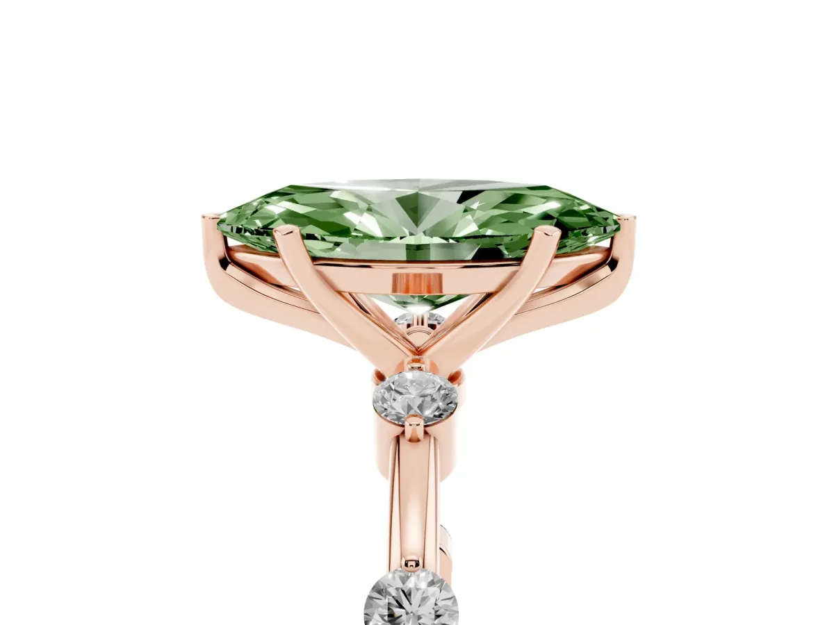 Fancy Green Marquise Cut Solitaire Diamond Ring with Bezel Set Side Stones and Prong Setting Rose gold