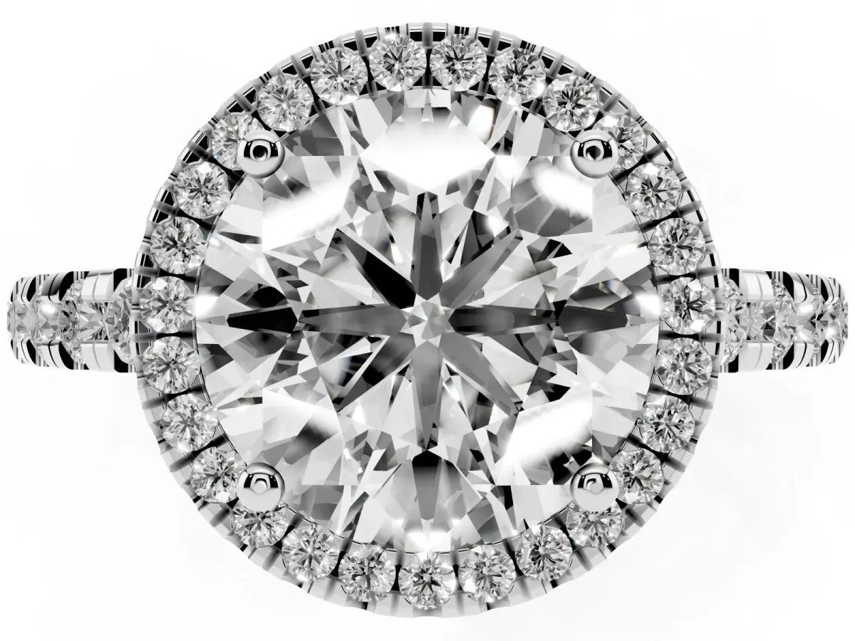 Round Cut Diamond Halo Ring with Pavé Band and Four-Prong Setting Platinum
