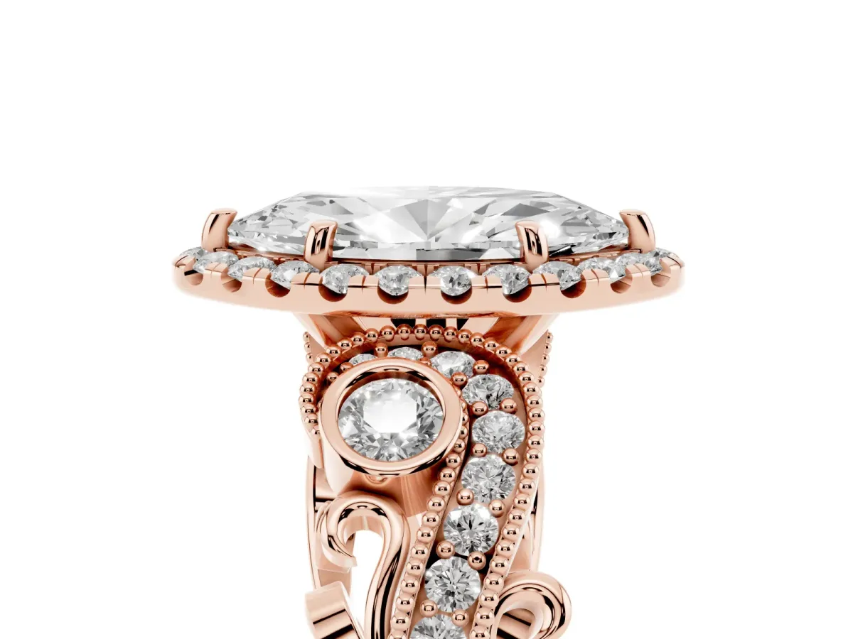 Marquise Cut Diamond Halo Ring with Milgrain Pavé Band and Four-Prong Setting Rose gold