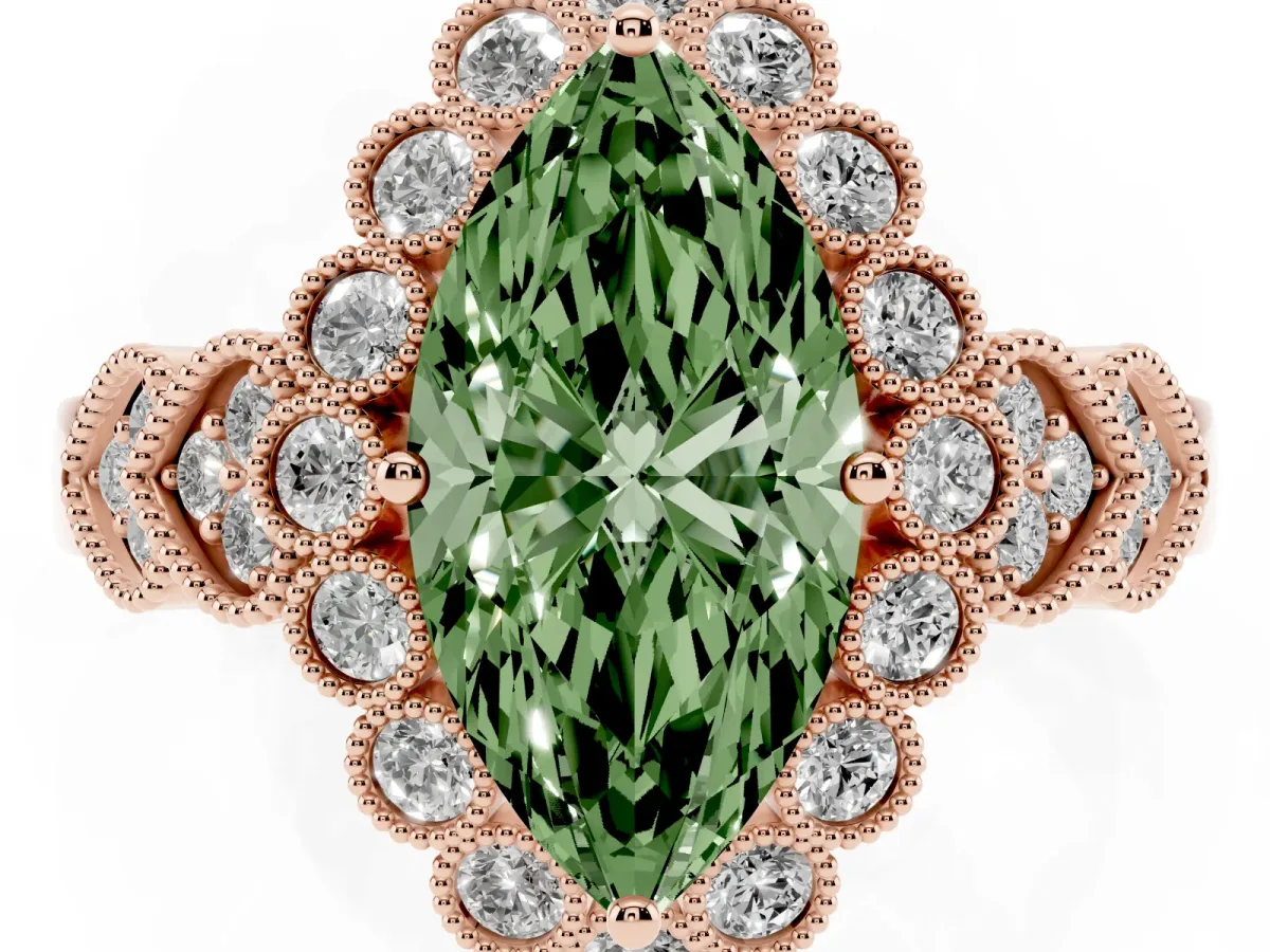 Fancy Green Marquise Cut Brilliant Milgrain Pave Heart Band Solitaire Ring Rose gold