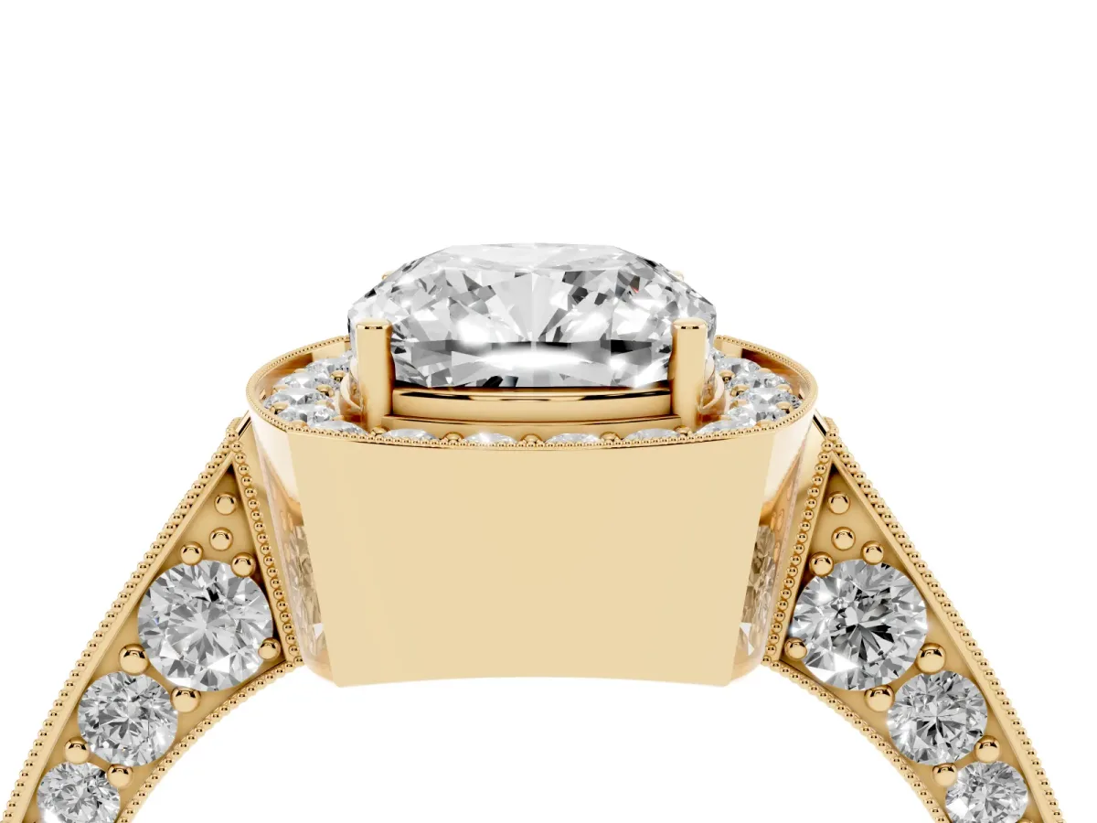 Cushion Cut Halo Diamond Engagement Ring with Split Shank Band and Four-Prong Setting Yellow gold