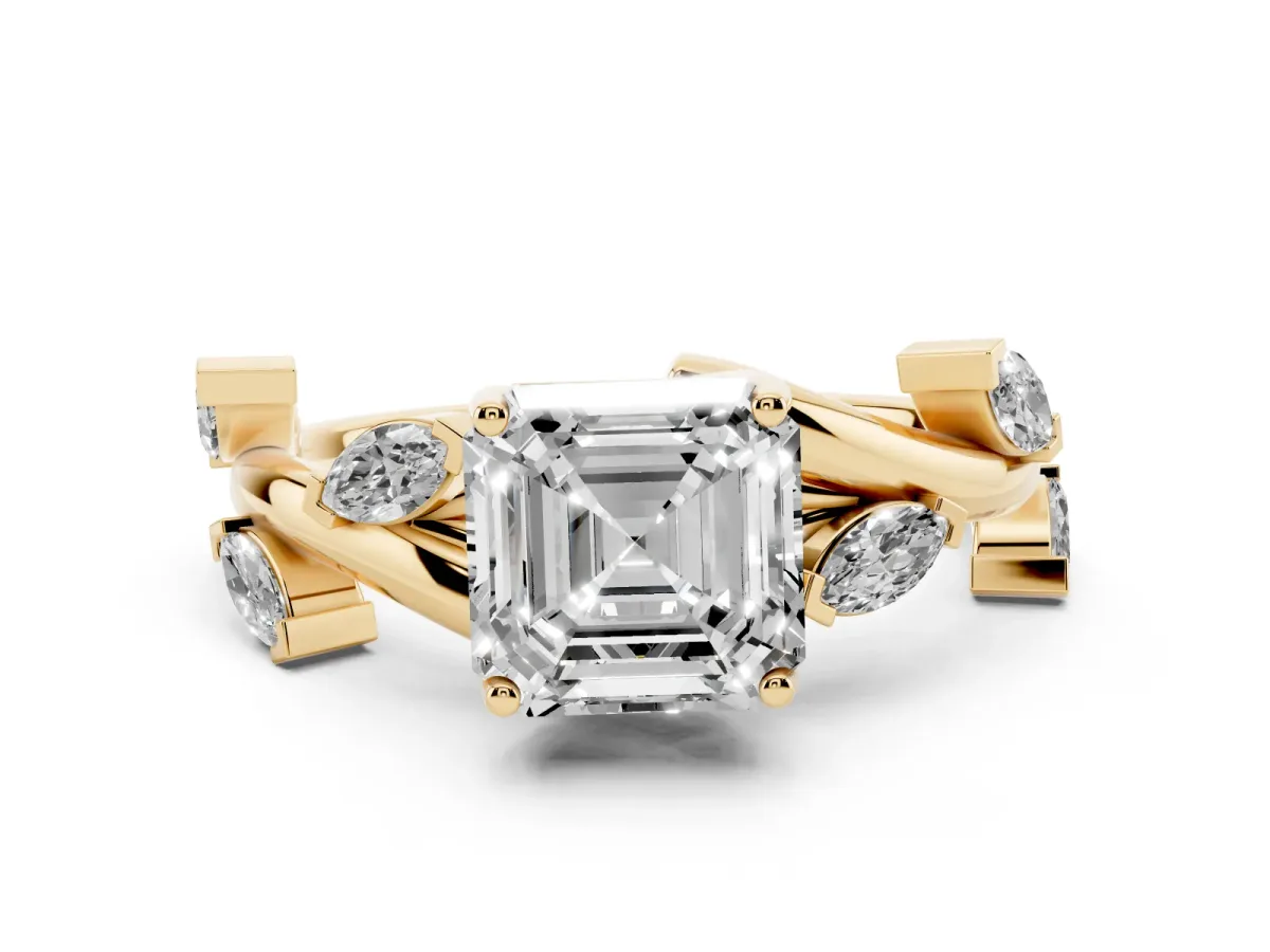 Asscher Cut Solitaire Twisted Band Marquise Accent Prong Setting Ring Yellow gold