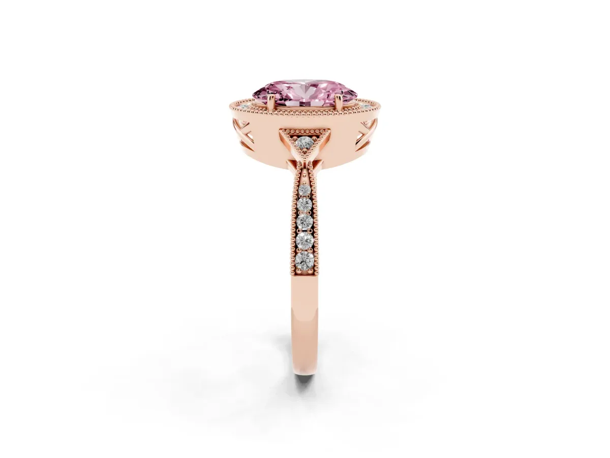 Fancy Pink Oval Cut Halo Round Diamond Milgrain Pave Engagement Ring Rose gold