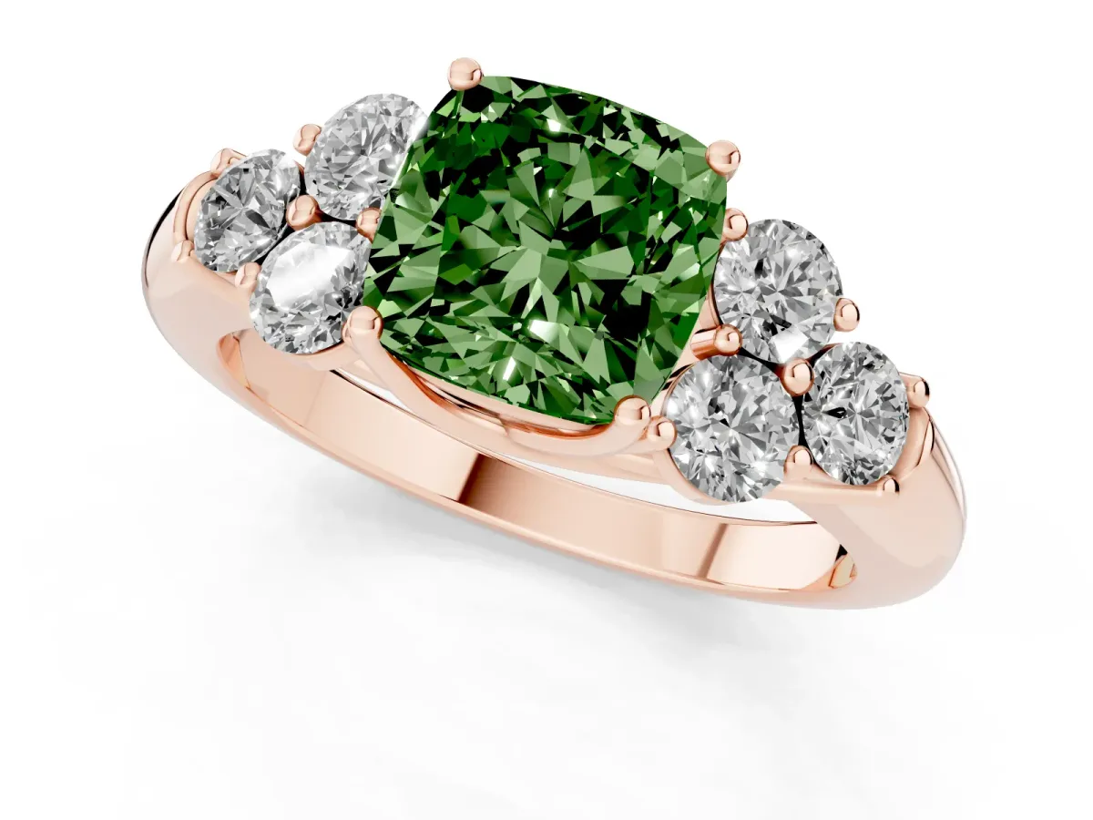 Fancy Green Cushion Cut Cut Diamond Cluster Ring with Round Accent Stones and Prong Setting on a Classic Band Rose gold
