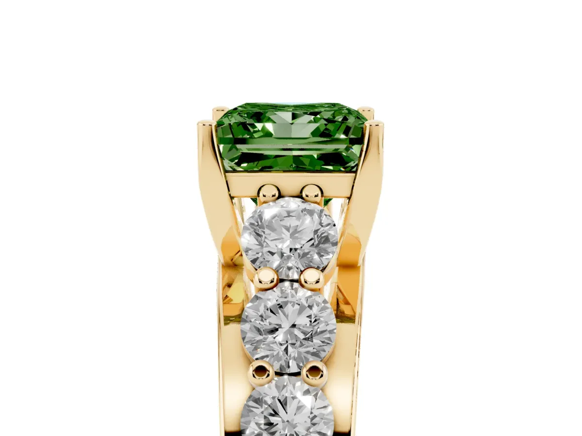 Fancy Green Princess Cut Diamond Engagement Ring with Pavé Band and Four-Prong Setting Yellow gold