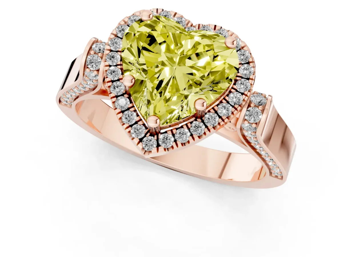 Fancy Yellow Heart Cut Halo Round Diamond Twist Band with Four-Prong Setting Rose gold