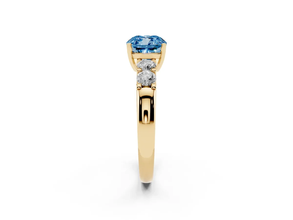 Fancy Blue Cushion Cut Brilliant Cut Diamond Five-Stone Prong Set Engagement Ring with Channel Band Yellow gold