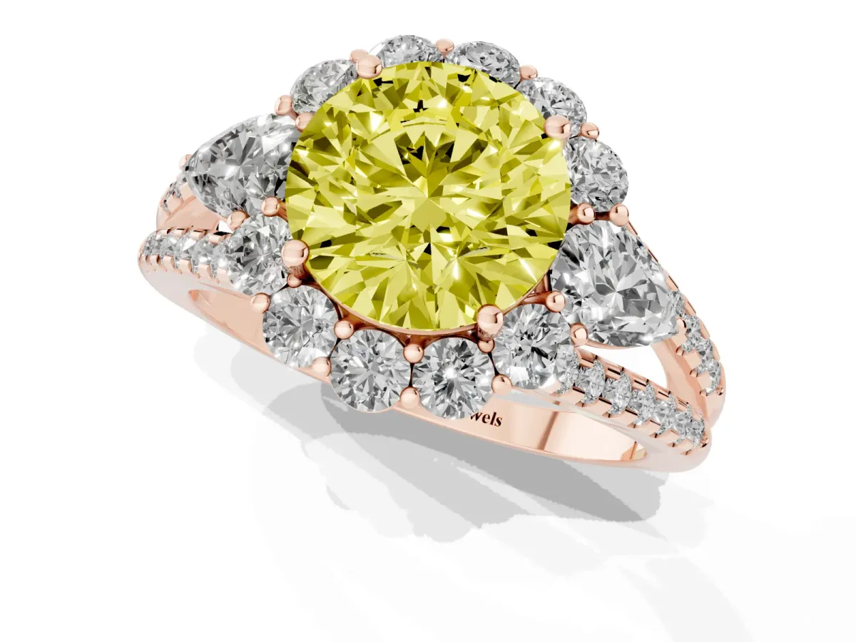 Fancy Yellow Round Cut Halo Split Shank Diamond Engagement Ring with Prong Setting Rose gold