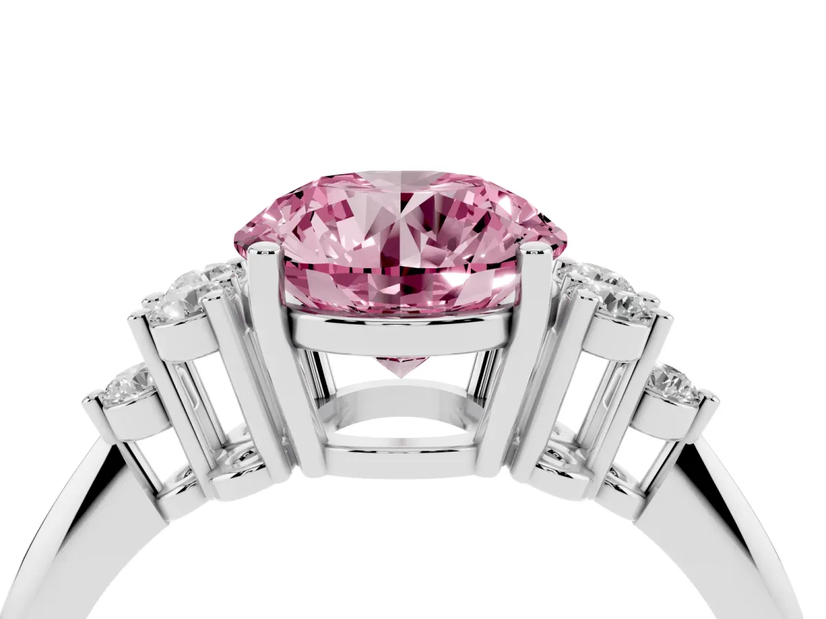 Fancy Pink Round Cut Cut Diamond Cluster Ring with Solitaire Band and Four-Prong Setting Silver