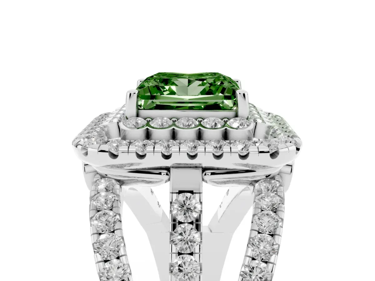 Fancy Green Princess Cut Diamond Double Halo Ring with Round Pavé Split Shank and Prong Setting Silver