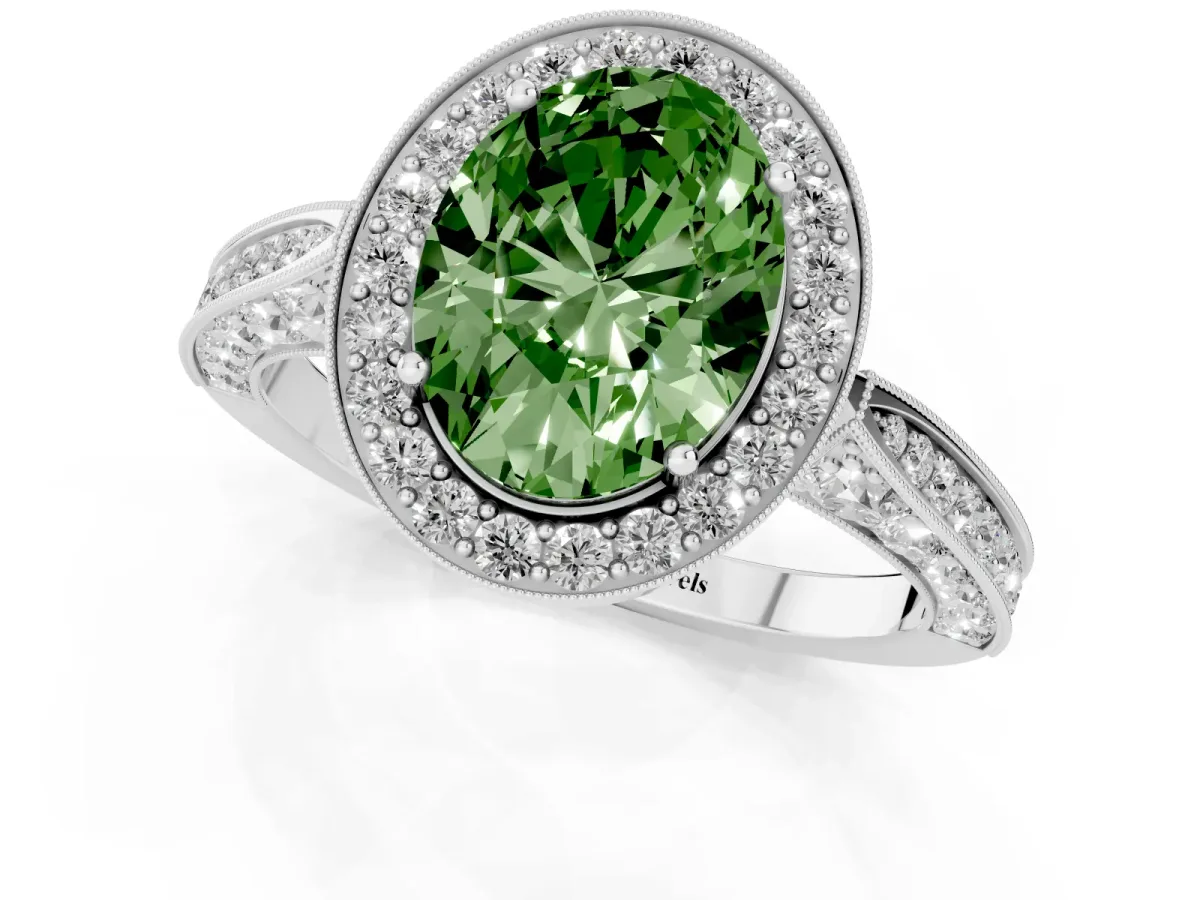 Fancy Green Oval Cut Halo Diamond Engagement Ring with Split Shank Band and Four-Prong Setting Silver