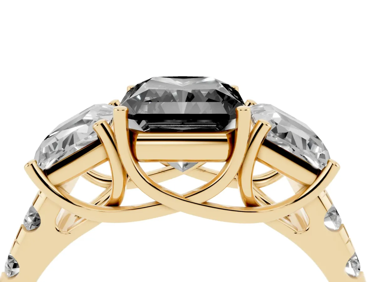 Fancy Black Three-Stone Radiant Cut Diamond Pavé Band with Prong Setting Yellow gold