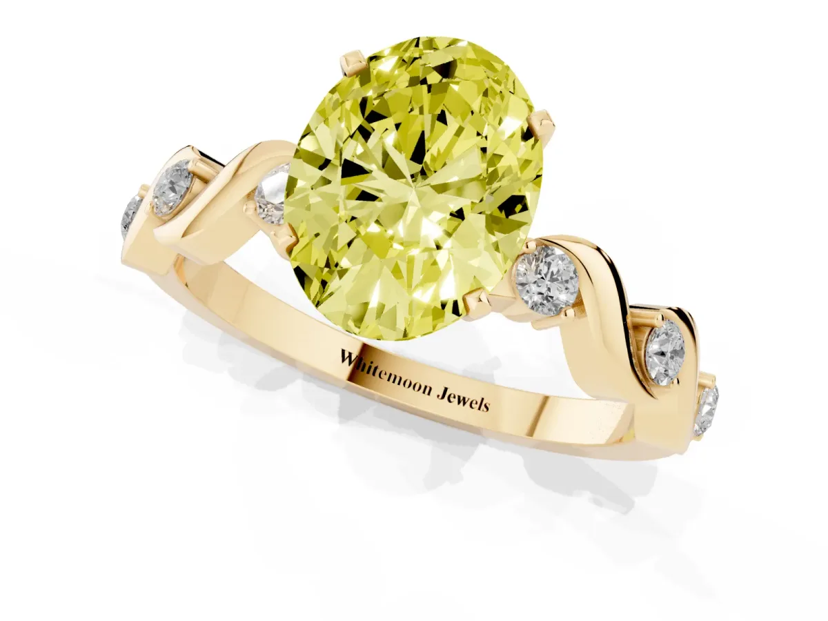 Fancy Yellow Oval Cut Diamond Solitaire Twisted Band with Round Accents and Prong Setting Yellow gold