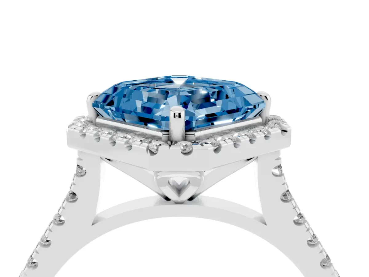 Fancy Blue Asscher Cut Diamond Cushion Halo Ring with Pavé Band Platinum