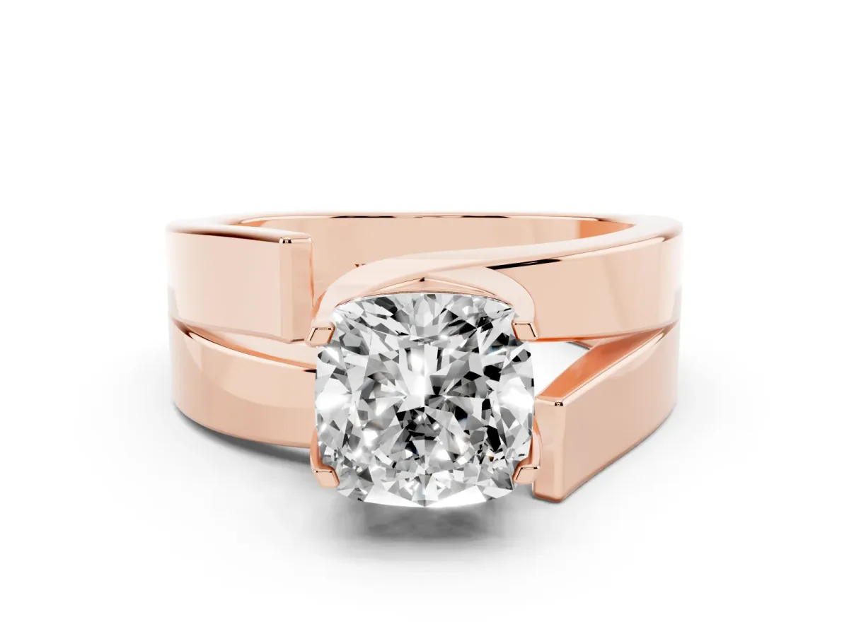 Modern Tension Set Cushion Cut Diamond Solitaire Wide Band Ring Rose gold