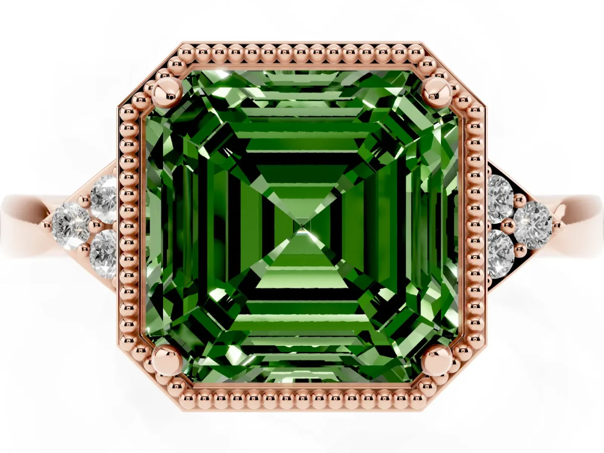 Fancy Green Asscher Cut Diamond Halo Ring with Tapered Band and Four-Prong Setting Rose gold