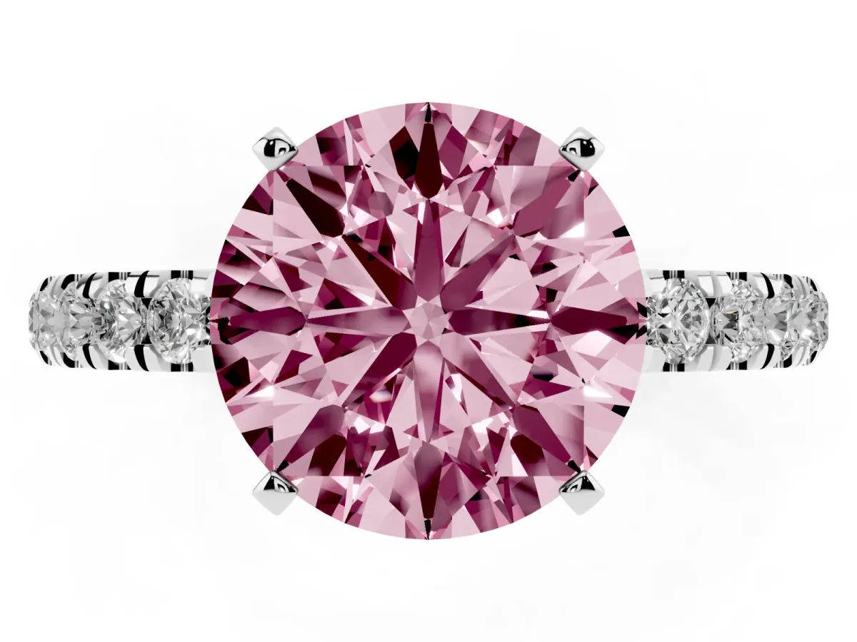 Fancy Pink Round Cut Diamond Solitaire Ring with Pavé Accents and Four-Prong Setting Platinum