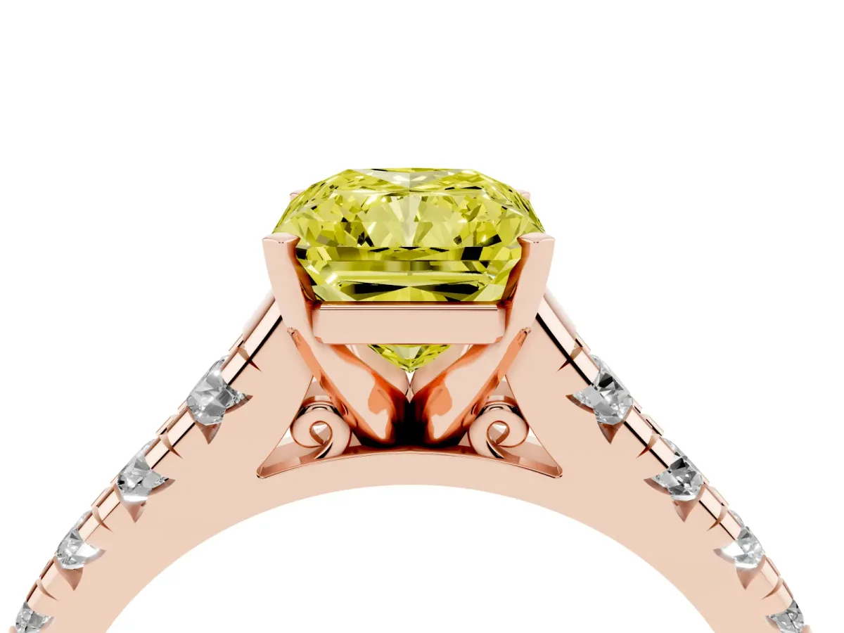 Fancy Yellow Radiant Cut Diamond Cathedral Solitaire Ring with Round Pavé Band Rose gold