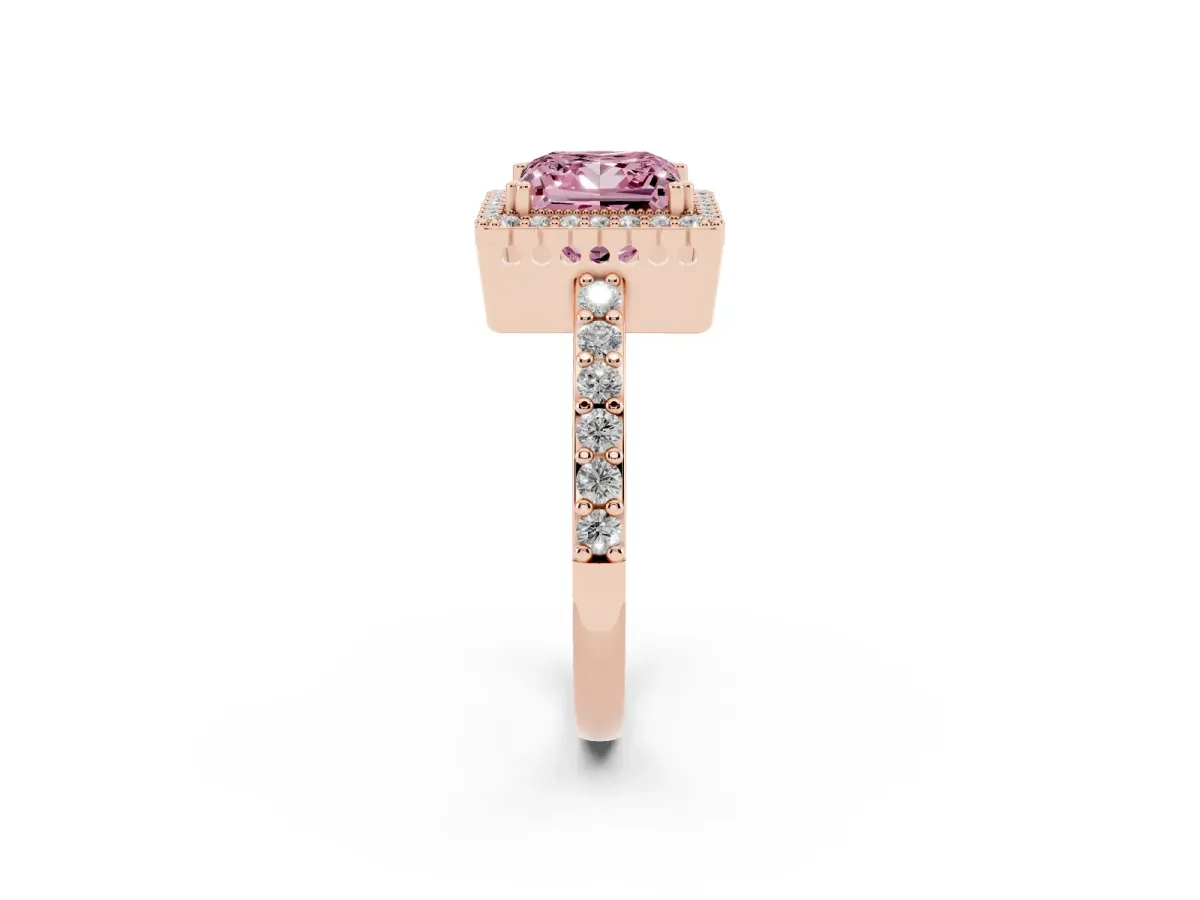 Fancy Pink Princess Cut Cut Diamond Halo Engagement Ring with Milgrain Detail and Pavé Band Rose gold