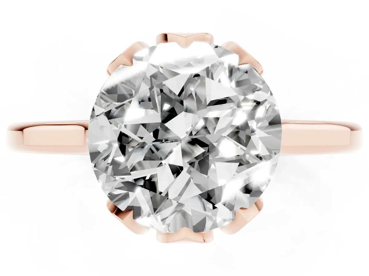 Round Cut Diamond Solitaire Ring with Flower Prong Setting and Classic Band Rose gold