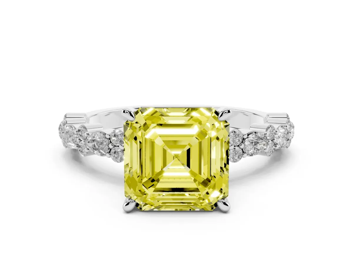Fancy Yellow Asscher Cut Diamond Side Stone Solitaire Ring with Round and Four-Prong Setting Platinum