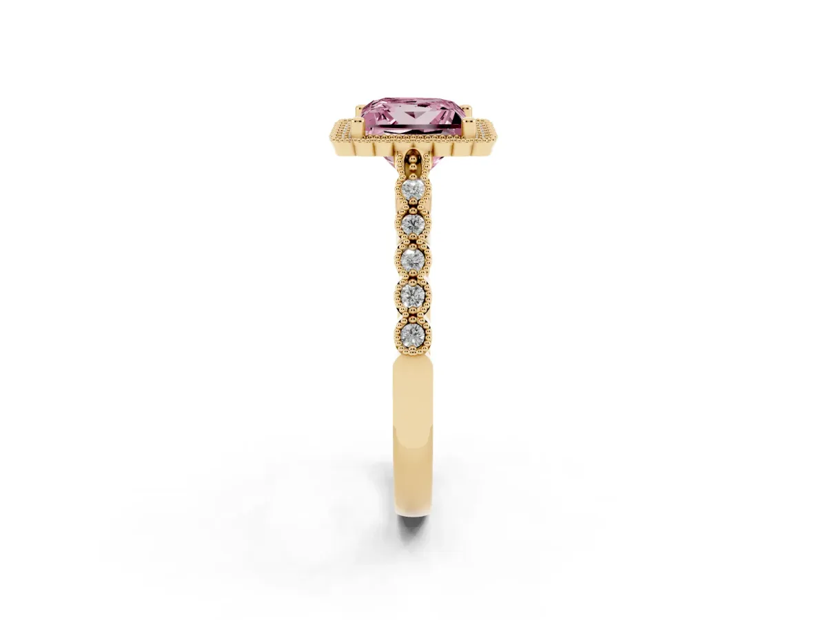 Fancy Pink Princess Cut Cut Halo Pavé Solitaire Ring with Milgrain Band Yellow gold