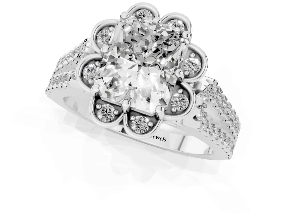 Radiant Cut Halo Diamond Floral Split Shank Engagement Ring Silver