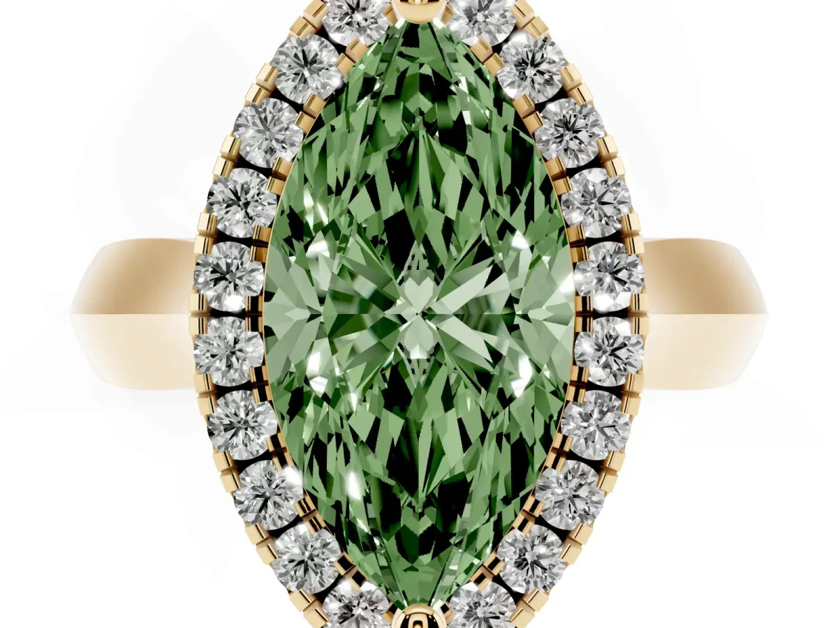 Fancy Green Marquise Cut Cut Halo Solitaire Engagement Ring with Square Band and Four-Prong Setting Yellow gold