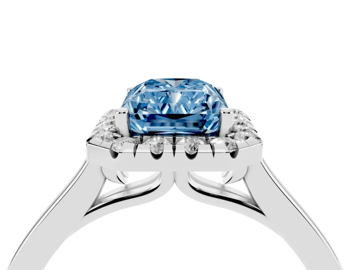Fancy Blue Radiant Cut Halo Round Diamond Solitaire Ring with Pavé Band and Four-Prong Setting Silver