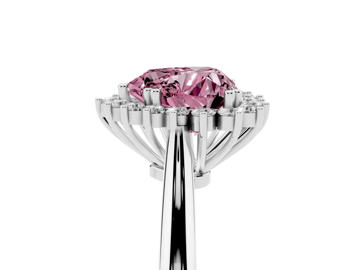 Fancy Pink Heart Cut Cut Diamond Halo Ring with Solitaire Band and Prong Setting Platinum