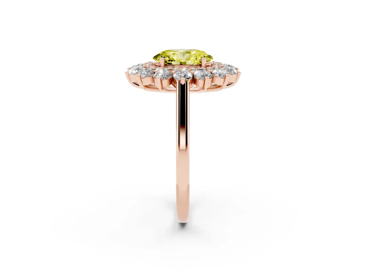 Fancy Yellow Oval Cut Diamond Floral Double Halo Engagement Ring with Prong Setting Rose gold