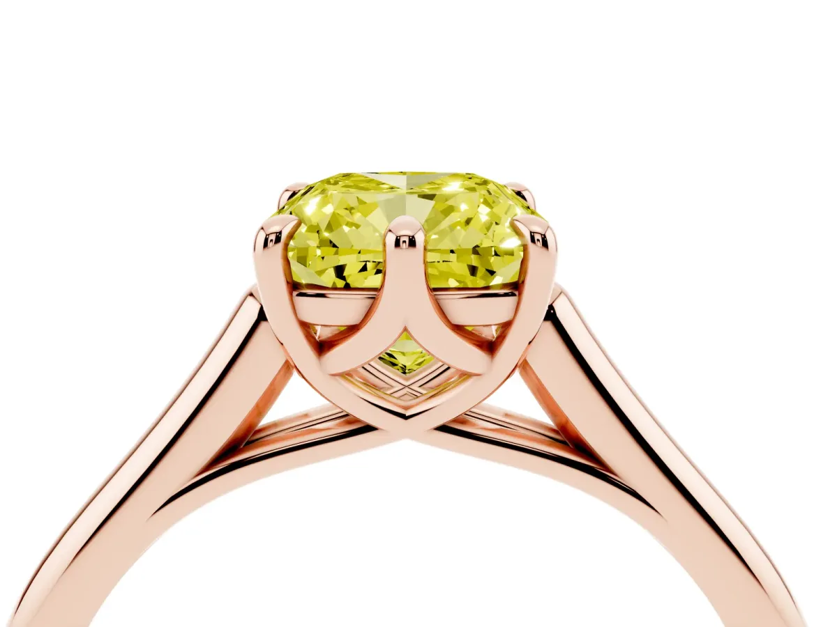 Fancy Yellow Cushion Cut Solitaire Engagement Ring with Six-Prong Setting and Classic Band Rose gold