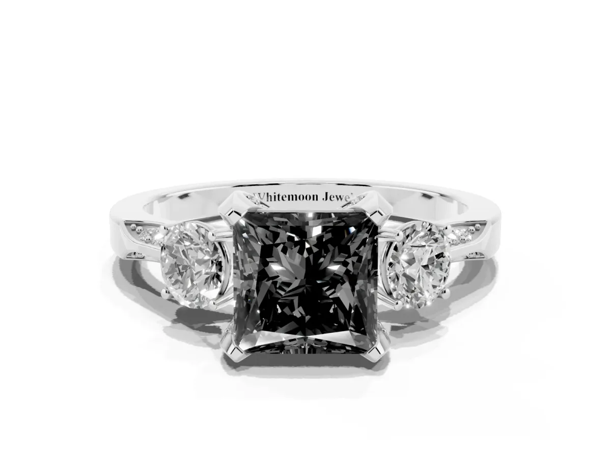 Fancy Black Princess Cut Brilliant Three-Stone Diamond Ring with Pavé Band and Four-Prong Setting Silver