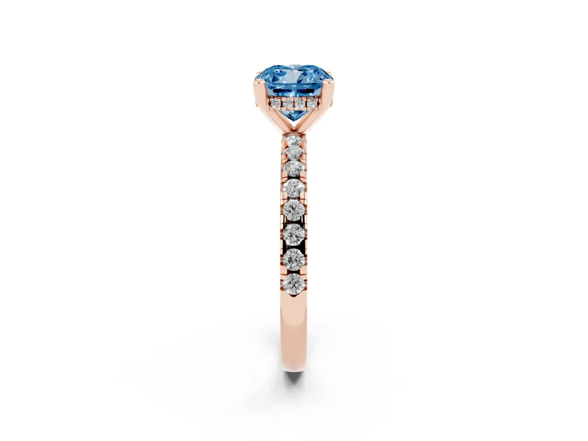 Fancy Blue Cushion Cut Diamond Solitaire Ring with Round Pavé Band and Four-Prong Setting Rose gold