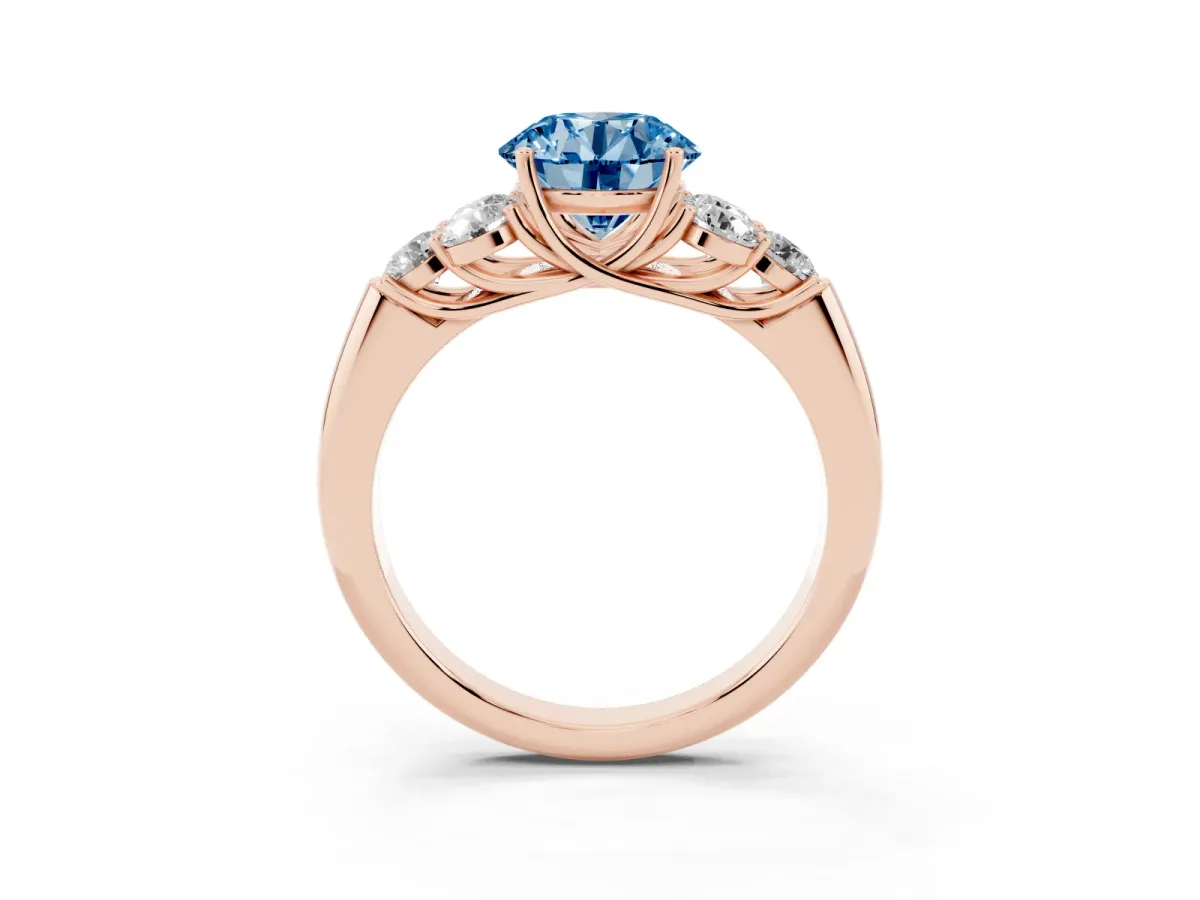 Fancy Blue Round Cut Cut Diamond Cluster Ring with Round Accent Stones and Prong Setting on a Classic Band Rose gold