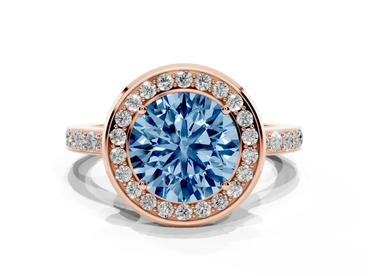 Fancy Blue Round Cut Diamond Halo Ring with Bezel Frame and Pavé Band Rose gold