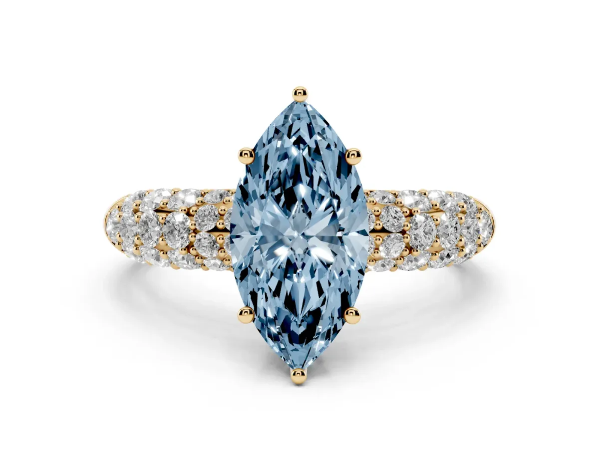 Fancy Blue Marquise Cut Diamond Pavé Band Solitaire Ring with Four-Prong Setting Yellow gold