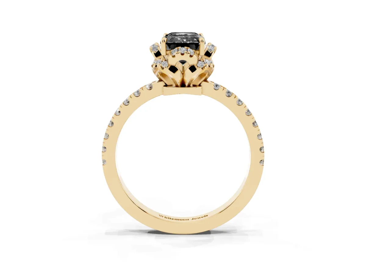 Fancy Black Emerald Cut Diamond Halo Pave Band with Four-Prong Setting Yellow gold