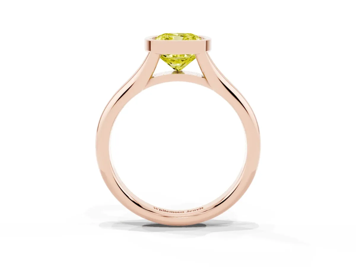 Fancy Yellow Bezel Set Cushion Cut Solitaire Diamond Ring with Smooth Band Rose gold