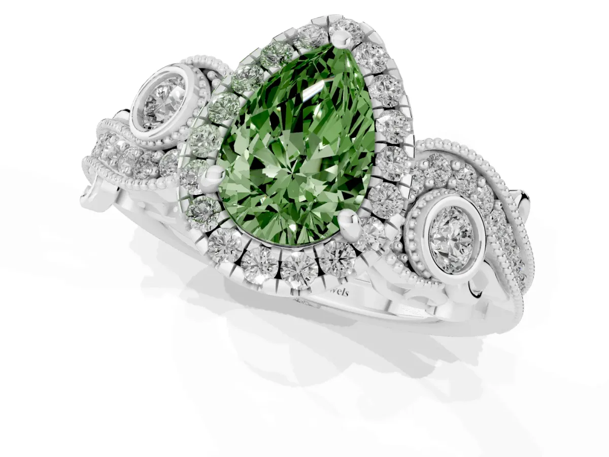 Fancy Green Pear Cut Diamond Halo Ring with Milgrain Pavé Band and Four-Prong Setting Platinum